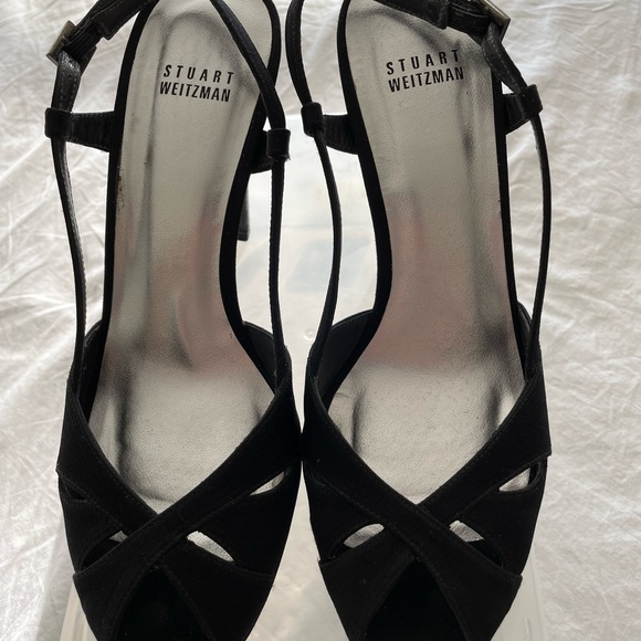 Stuart Weitzman peeptoe black satin shoes 4.5” heel with 1/2” platform Worn once main image 3